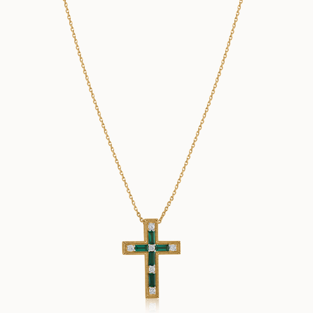 Created Emerald Cross Necklace, 14K Gold Vermeil, 1/5 ct Lab Grown Diamond-3