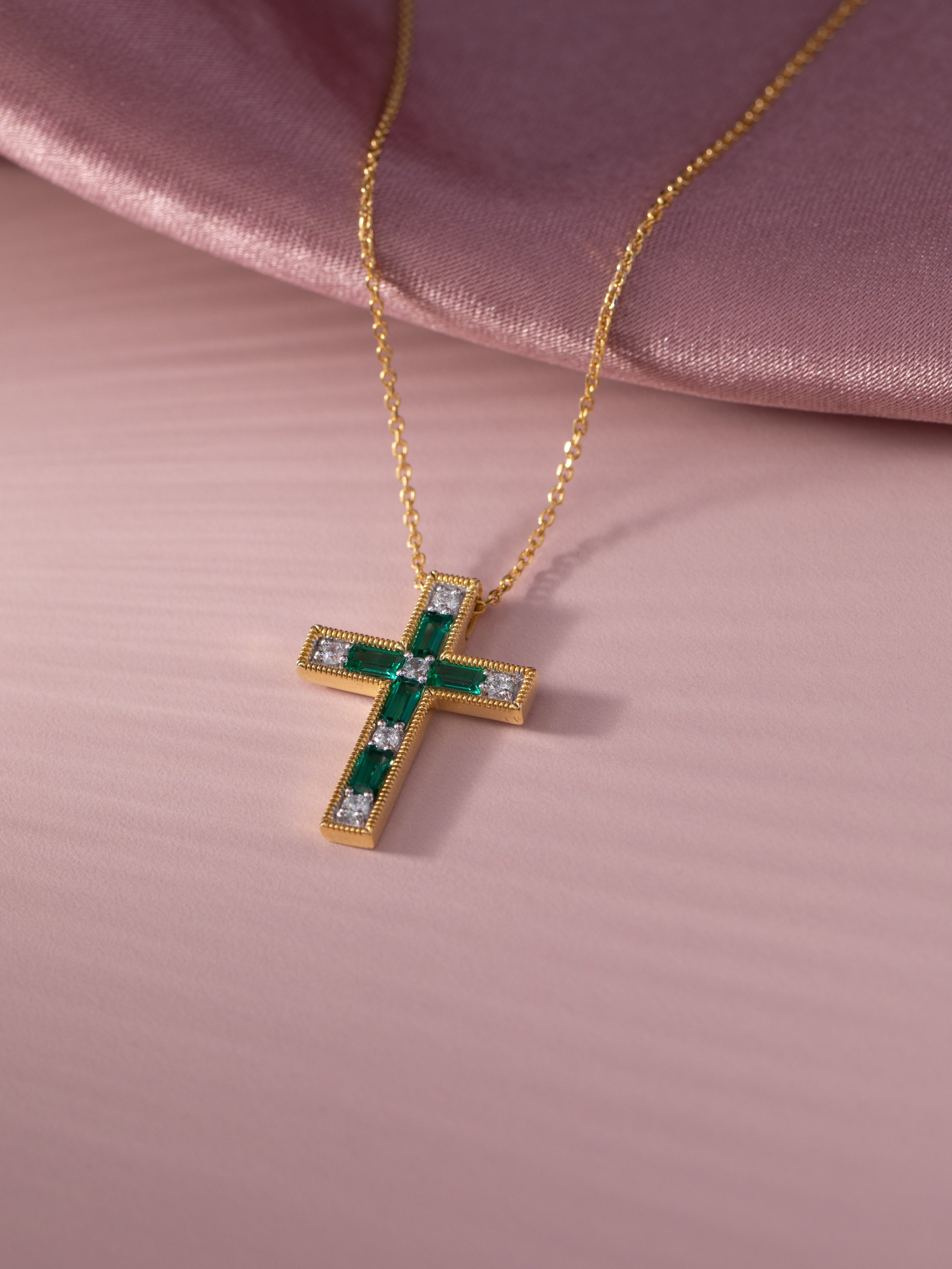 Created Emerald Cross Necklace, 14K Gold Vermeil, 1/5 ct Lab Grown Diamond-5