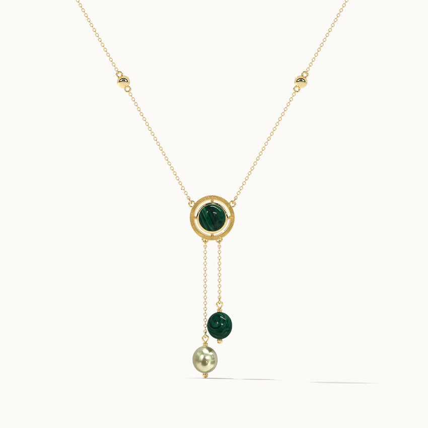 Harmony Pearl Malachite Necklace, 14K Solid Gold-3