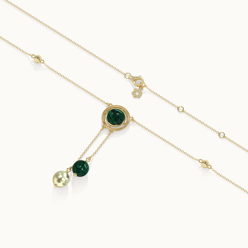 Harmony Pearl Malachite Necklace, 14K Solid Gold-7