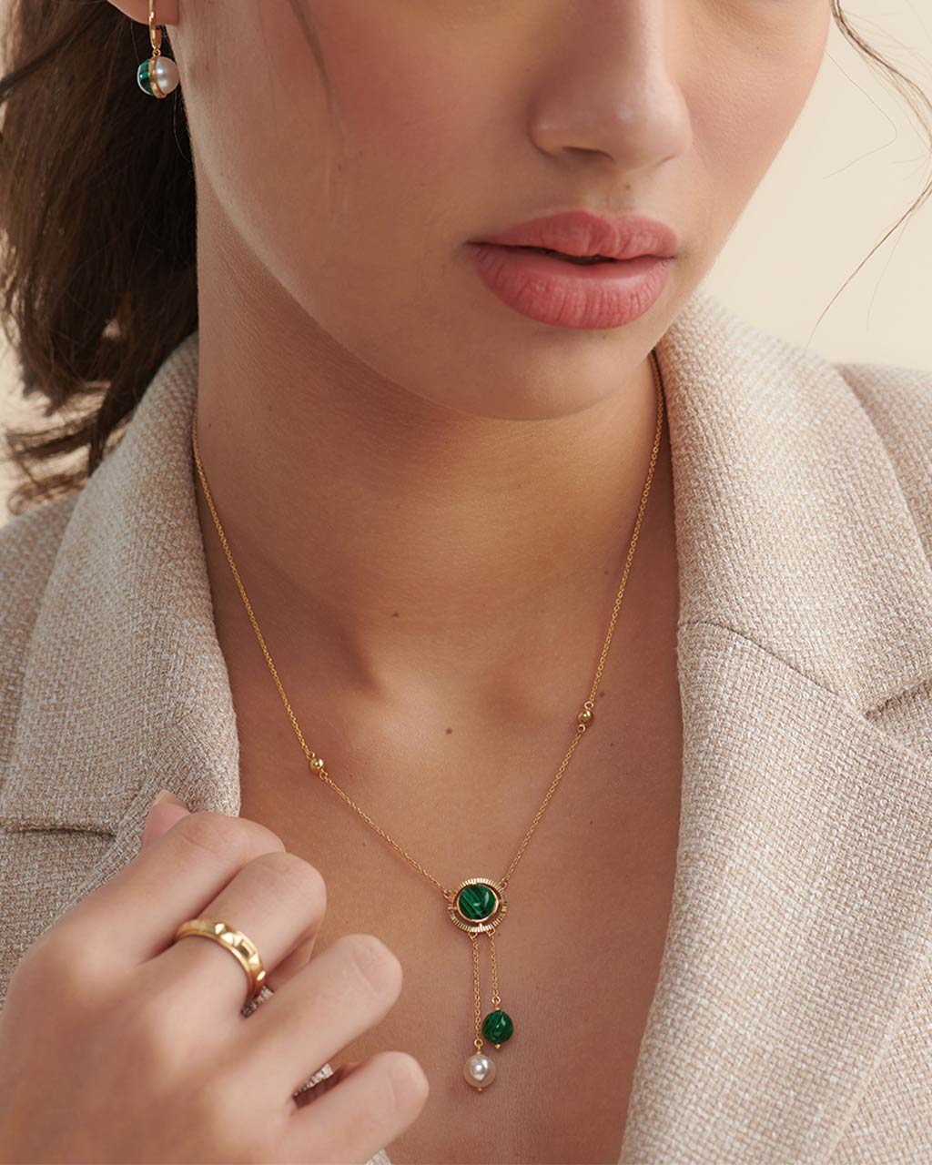 Harmony Pearl Malachite Necklace, 14K Solid Gold-2