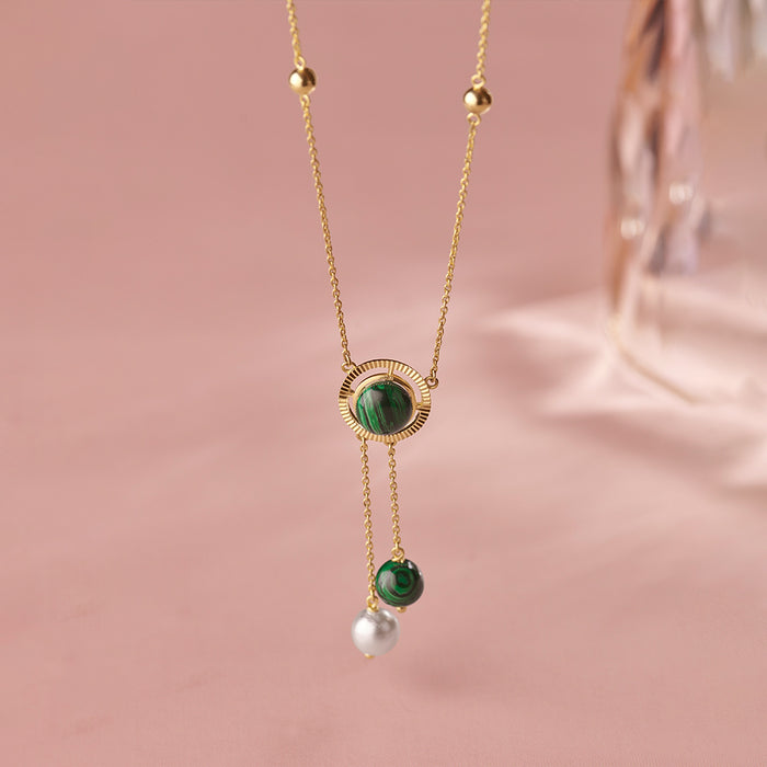 Harmony Pearl Malachite Necklace, 14K Gold Vermeil-1