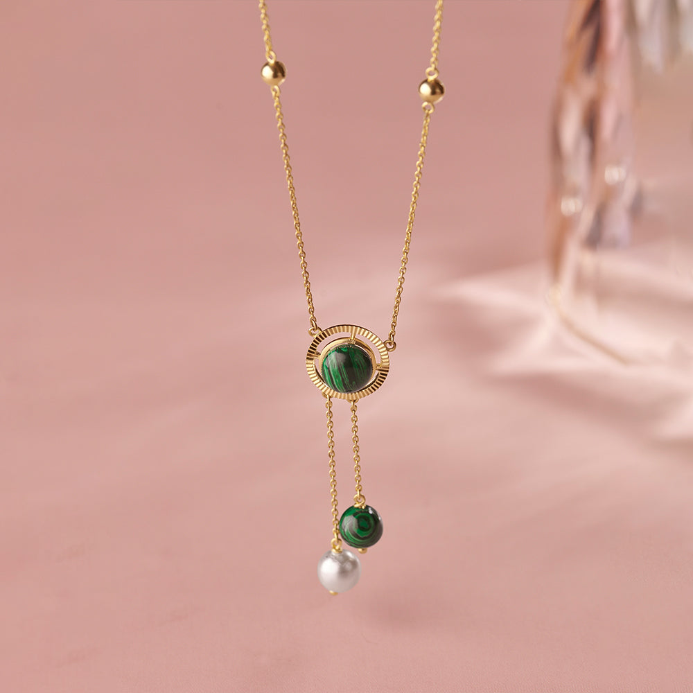 Harmony Pearl Malachite Necklace, 14K Solid Gold-1