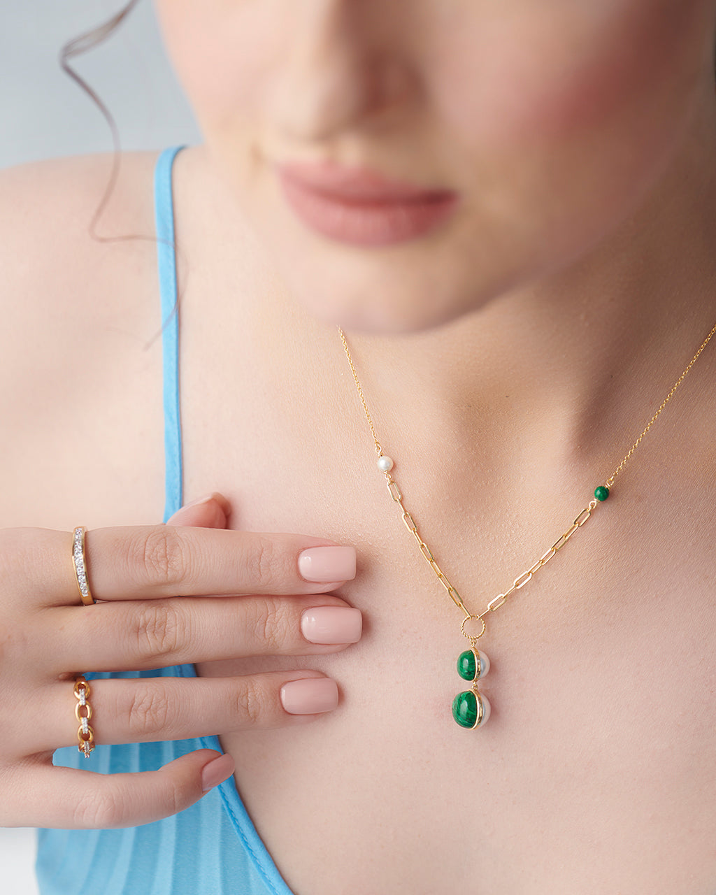 Harmony Pearl Malachite Lariat Necklace, 14K Gold Vermeil-5