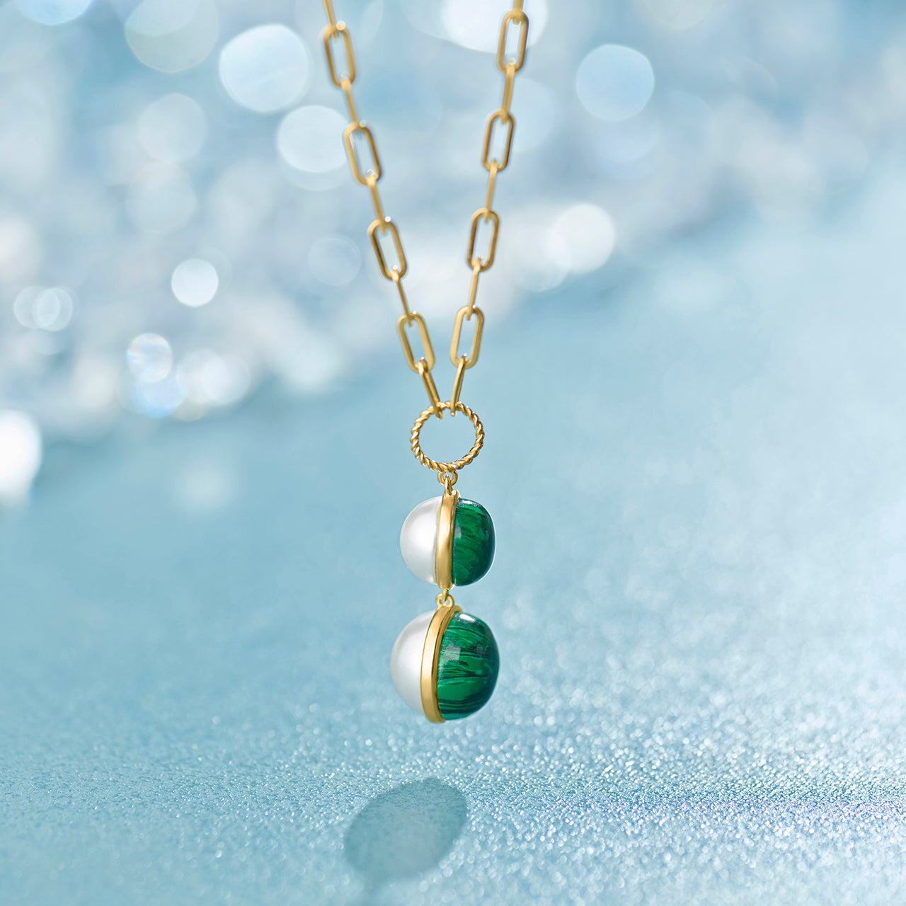 Harmony Pearl Malachite Lariat Necklace, 14K Gold Vermeil-1
