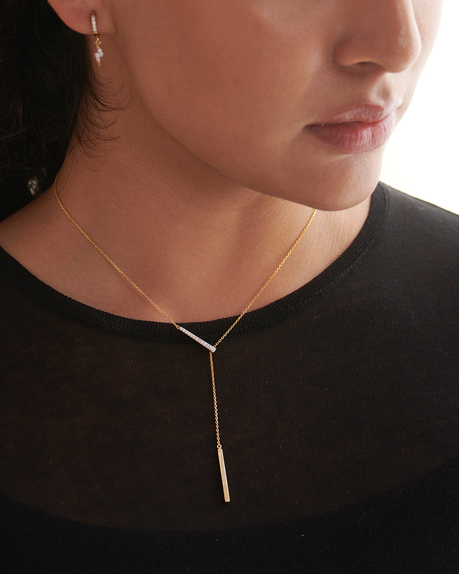 Adjustable Bar Diamond Lariat Necklace, 14K Gold Vermeil, 1/10 ct Lab Grown Diamond-5