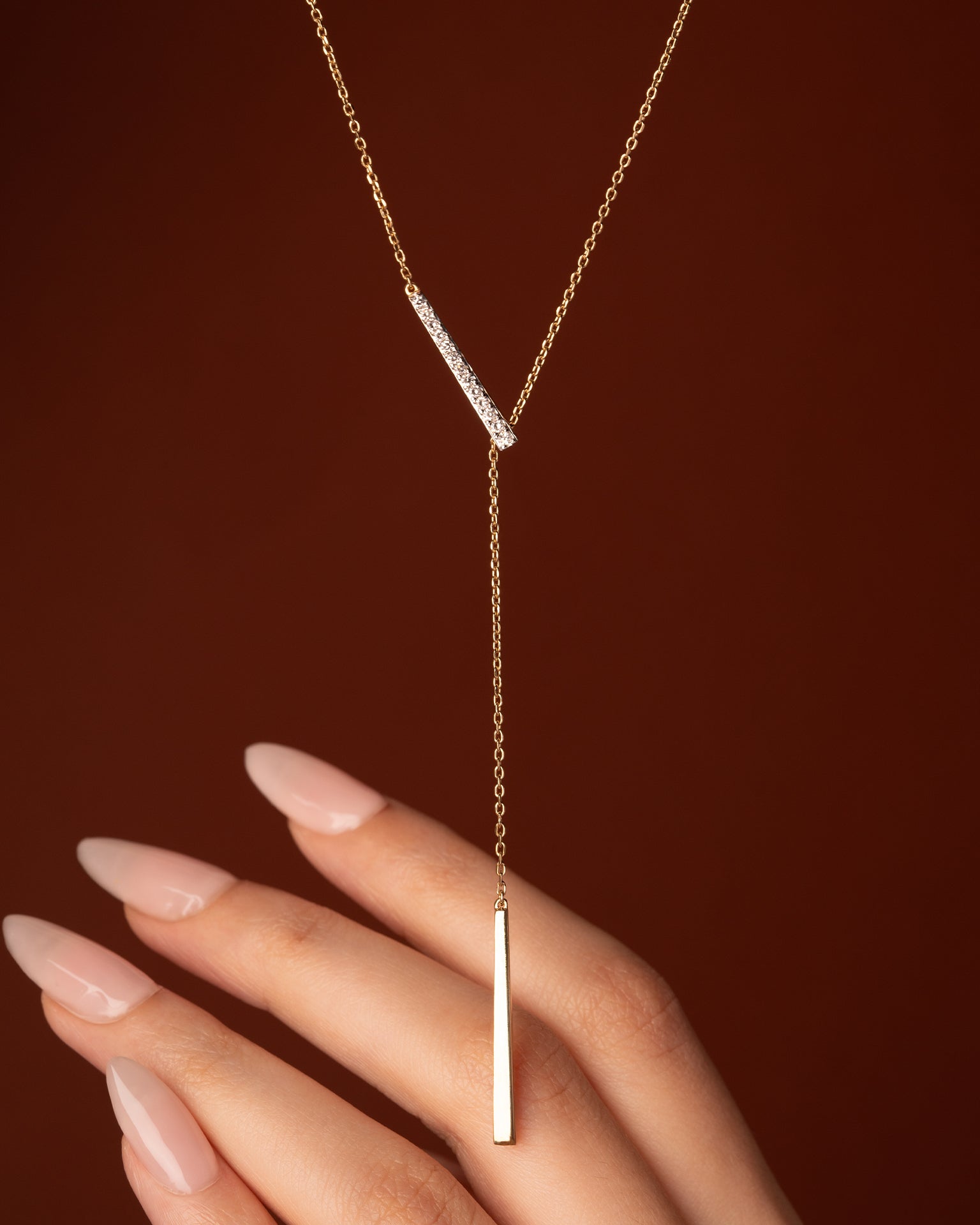 Adjustable Bar Diamond Lariat Necklace|14K Gold Vermeil Lab