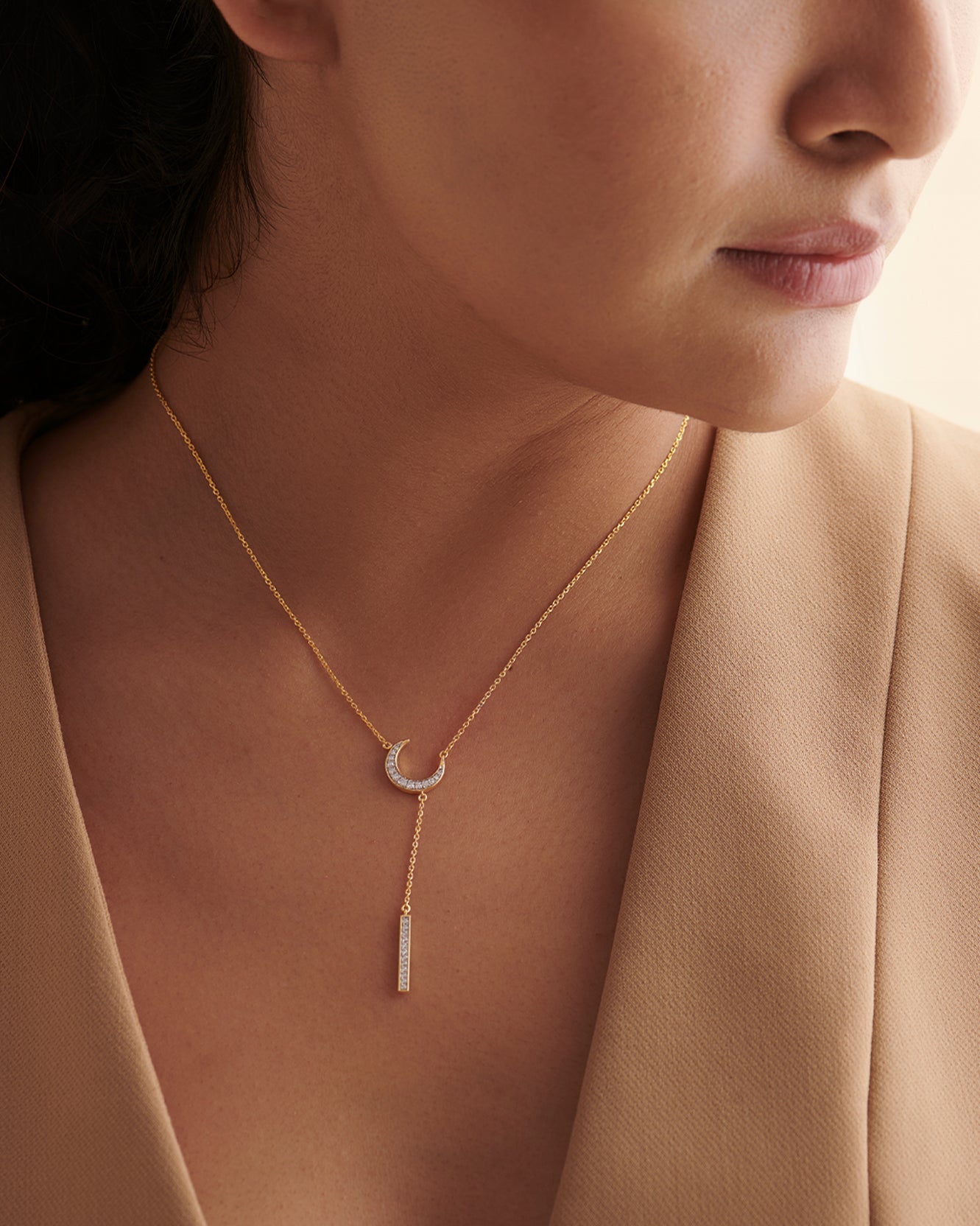 Crescent Moon Diamond Lariat Necklace, 14K Gold Vermeil, 1/4 ct Lab Grown Diamond-4