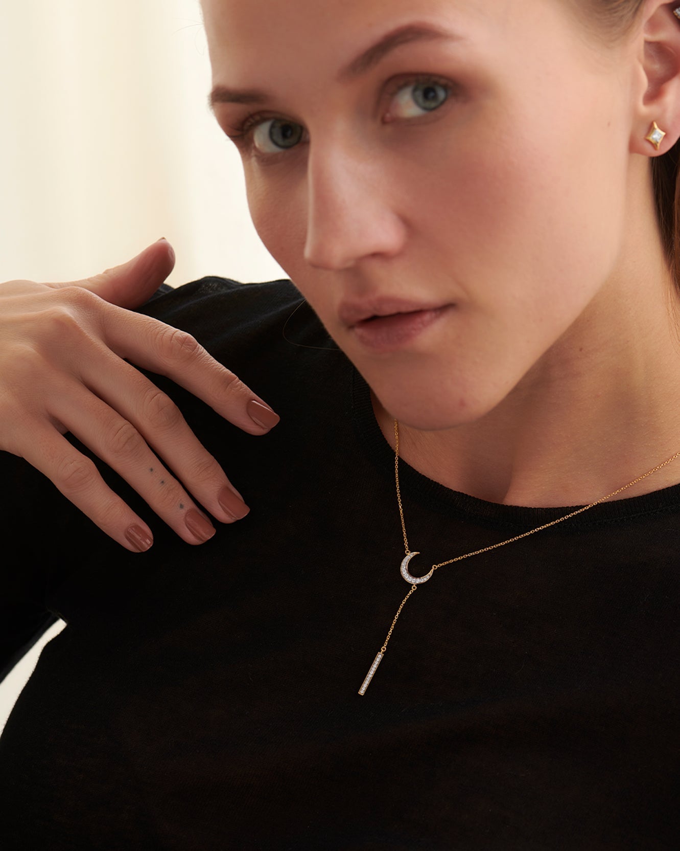 Crescent Moon Diamond Lariat Necklace, 14K Gold Vermeil, 1/4 ct Lab Grown Diamond-2