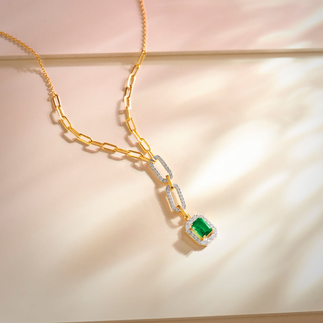 Emerald Lariat Necklace, 14K Gold Vermeil, 1/2 ct Lab Grown Diamond-1