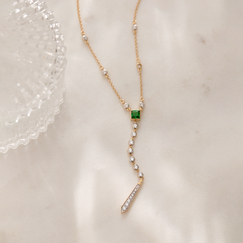 Created Emerald Diamond Lariat Necklace, 14K Gold Vermeil, 1/2 ct Lab Grown Diamond-1