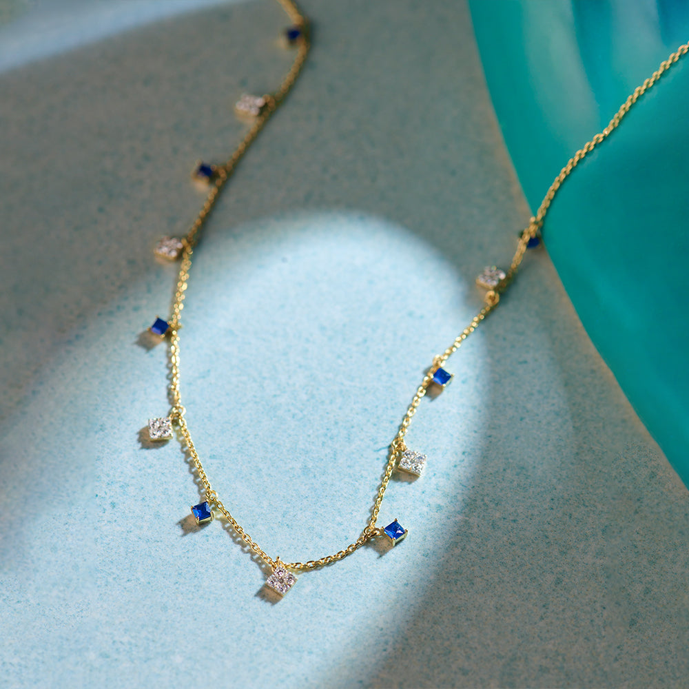 Charm Station Necklace, 14K Solid Gold, 3/8 ct Lab Grown Diamond-1