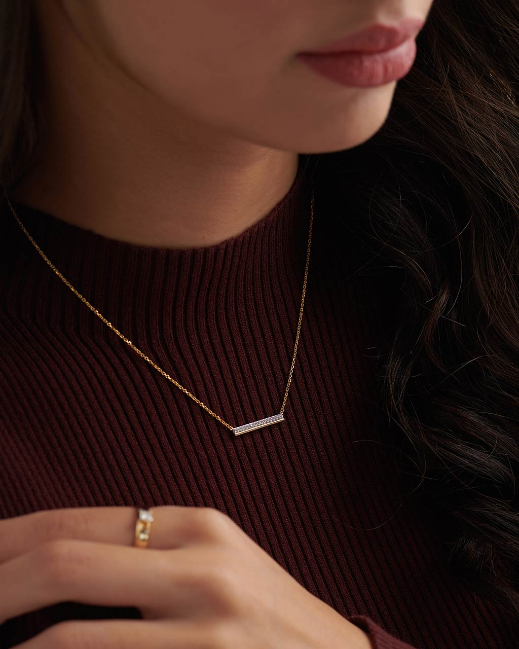 Diamond Bar Necklace, 14K Solid Gold, 1/10 ct Lab Grown Diamond-2