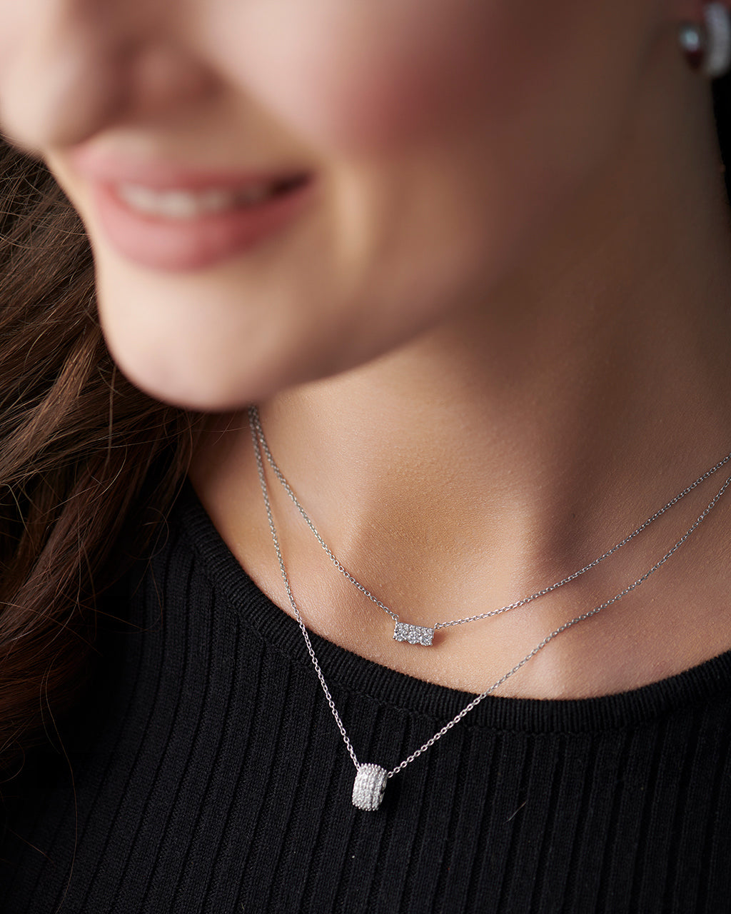 Three Stone Pave Diamond Bar Necklace, 14K Solid Gold, 1/4 ct Lab Grown Diamond-5
