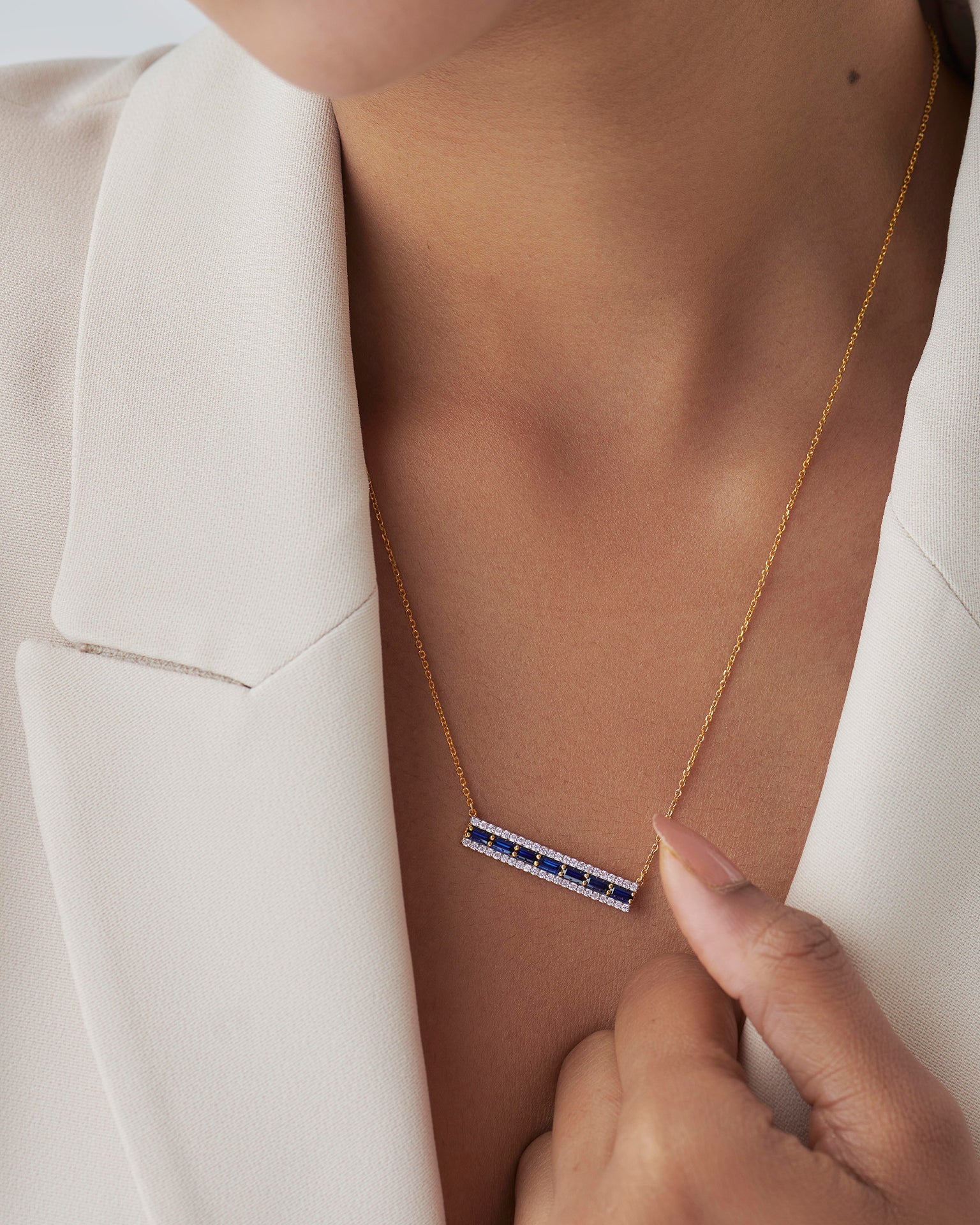 Created Sapphire Bar Necklace, 14K Solid Gold, 1/3 ct Lab Grown Diamond-4