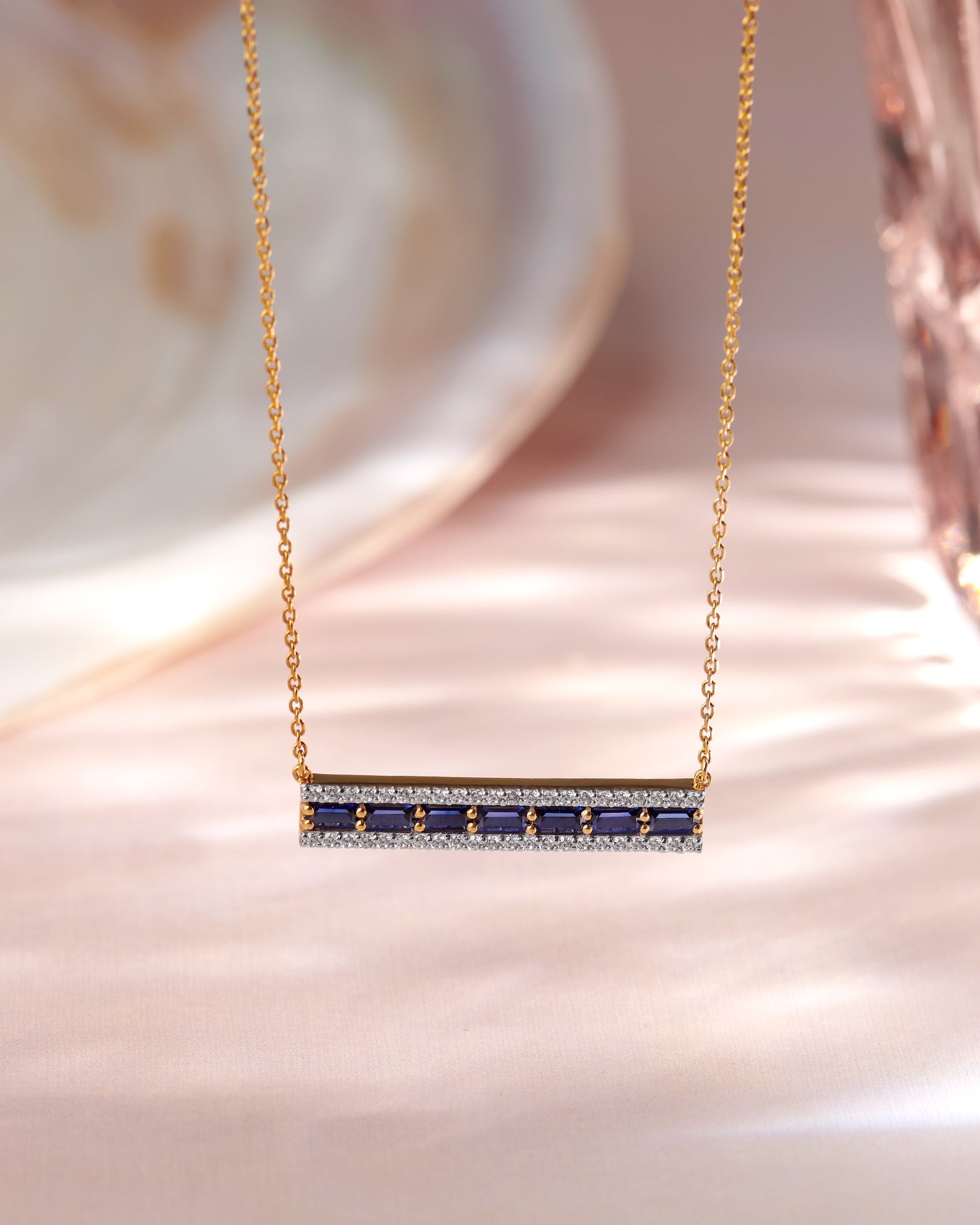 Created Sapphire Bar Necklace, 14K Solid Gold, 1/3 ct Lab Grown Diamond-6