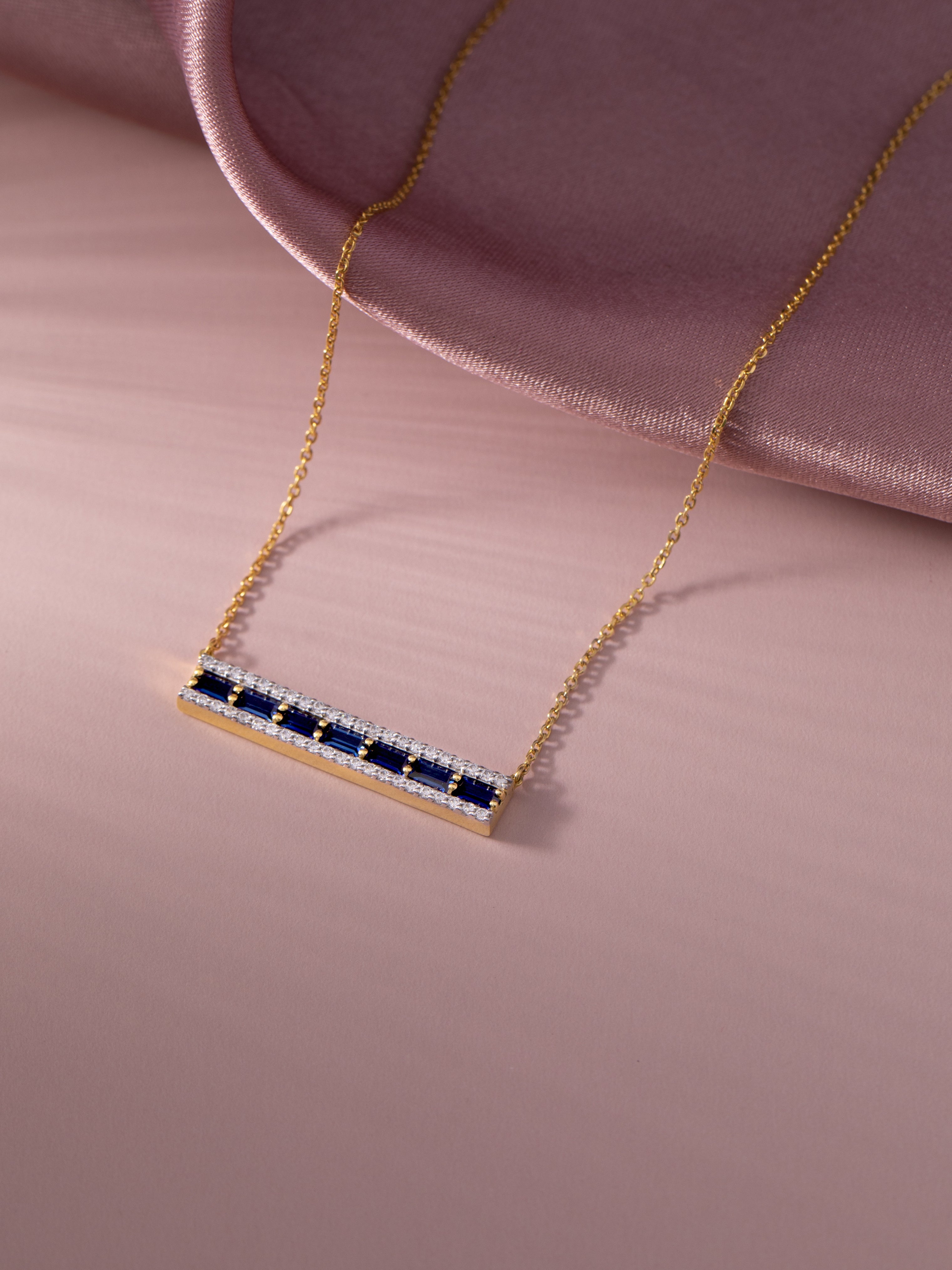 Created Sapphire Bar Necklace, 14K Solid Gold, 1/3 ct Lab Grown Diamond-5