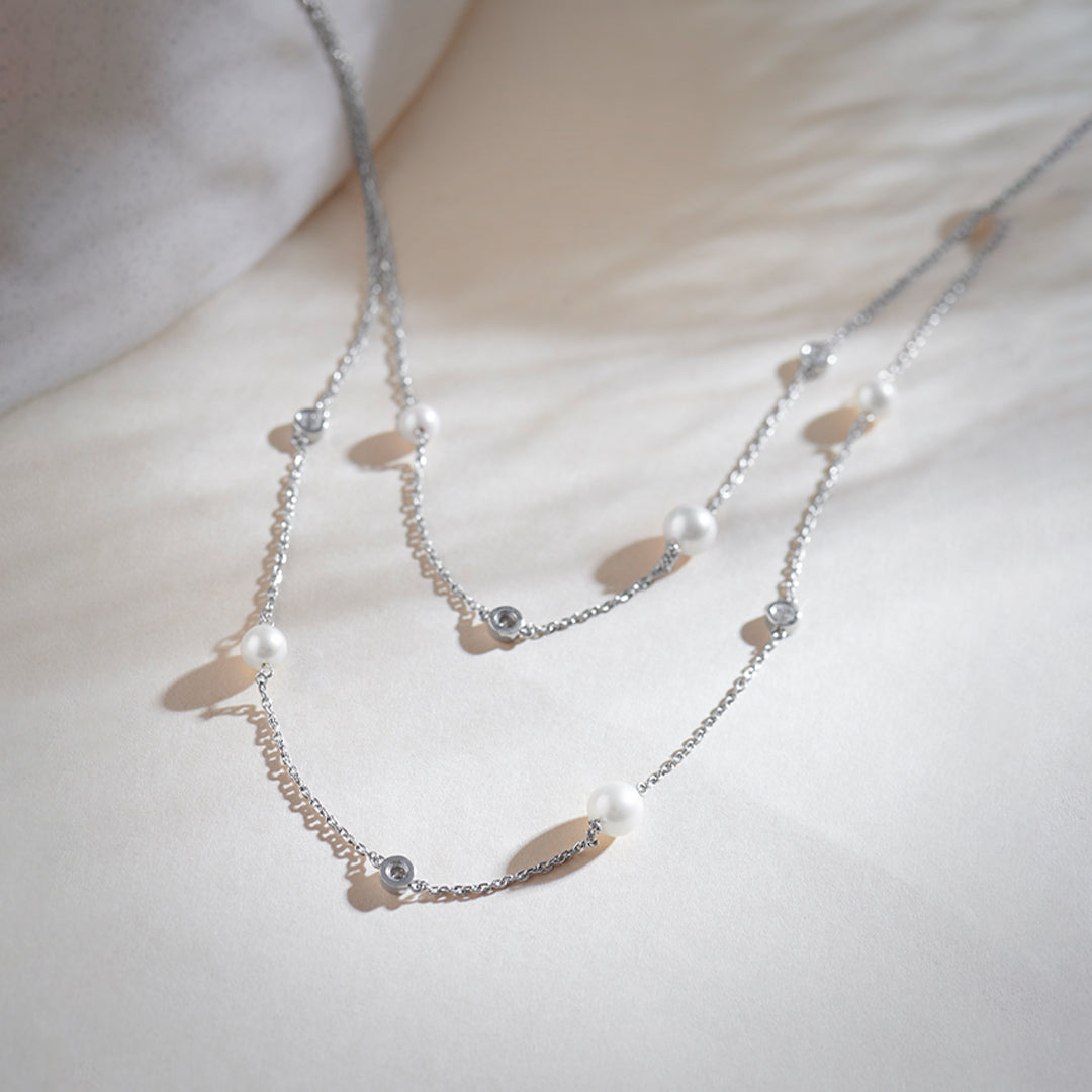 Layered Pearl Diamond Station Necklace, Sterling Silver, 1/3 ct Lab Grown Diamond-1