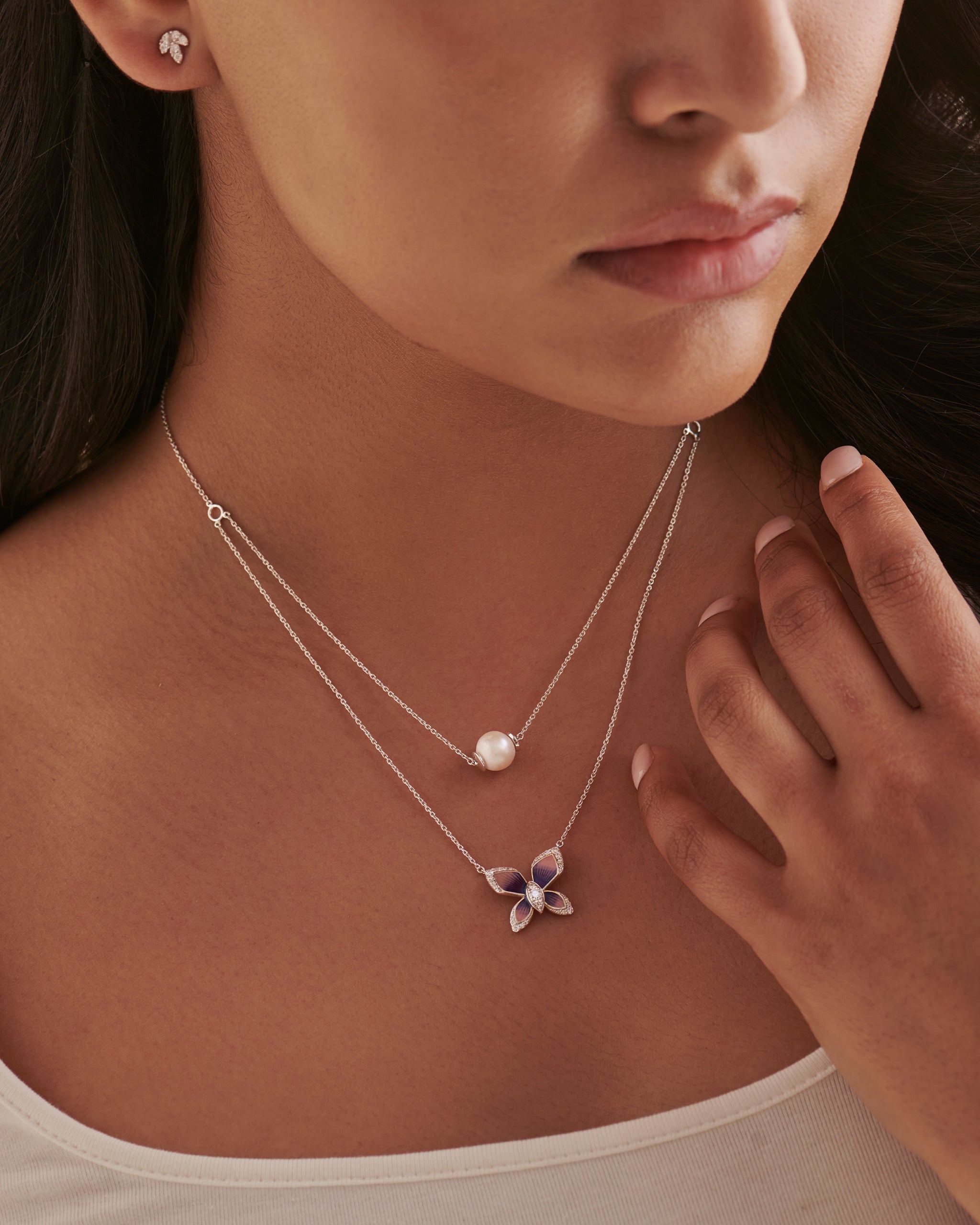 Sterling Silver 1 4 ct Lab Grown Diamond Butterfly Enamel Diamond Layered Necklace