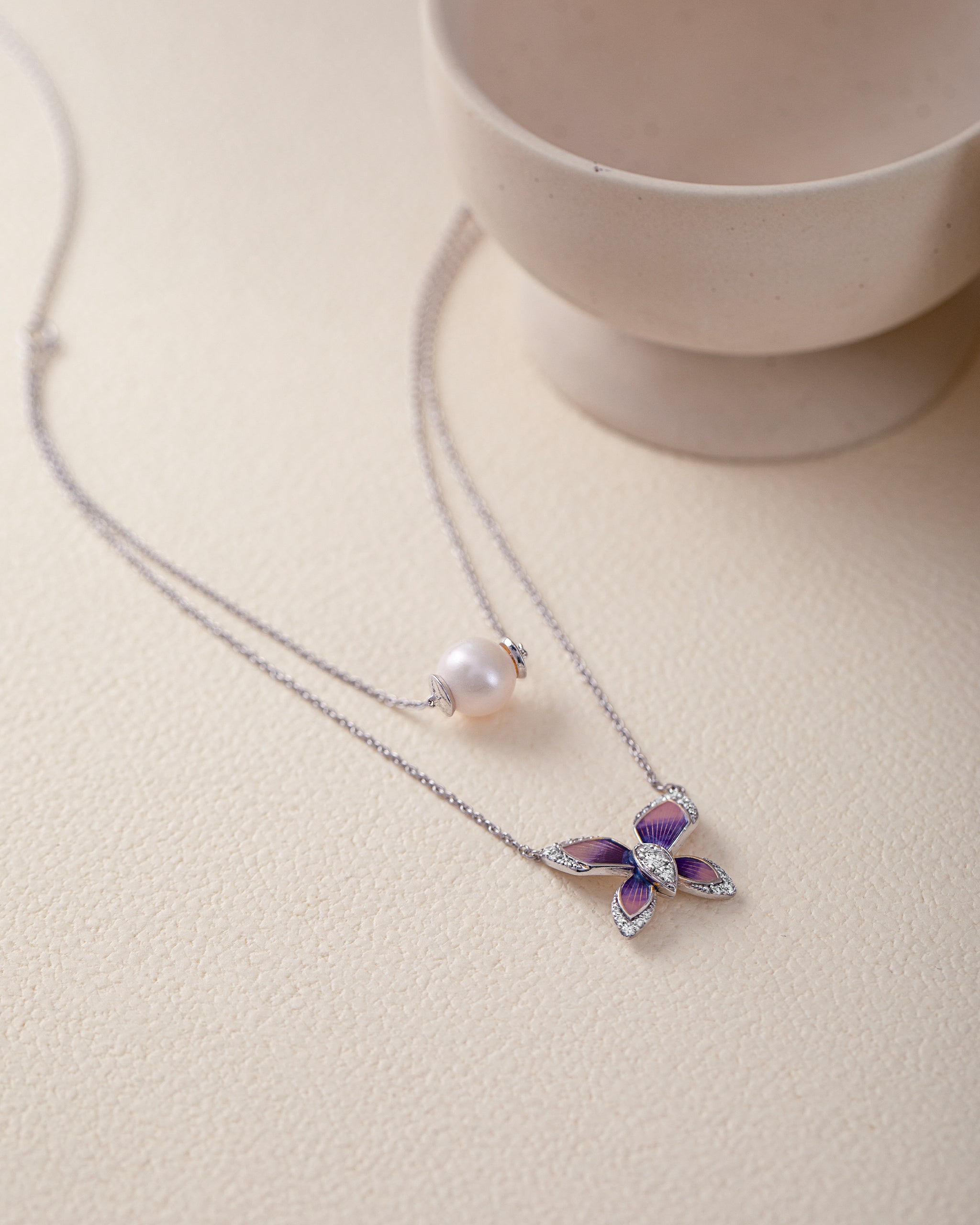 Butterfly Enamel Diamond Layered Necklace, Sterling Silver, 1/4 ct Lab Grown Diamond-5