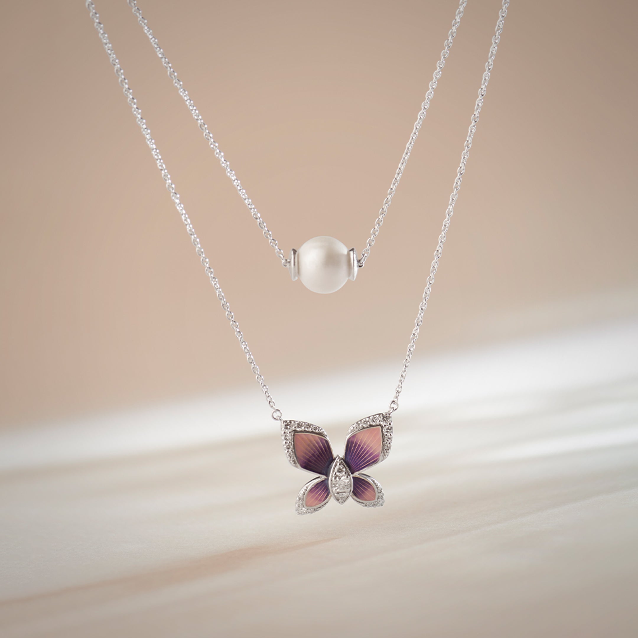 Butterfly Enamel Diamond Layered Necklace, Sterling Silver, 1/4 ct Lab Grown Diamond-1