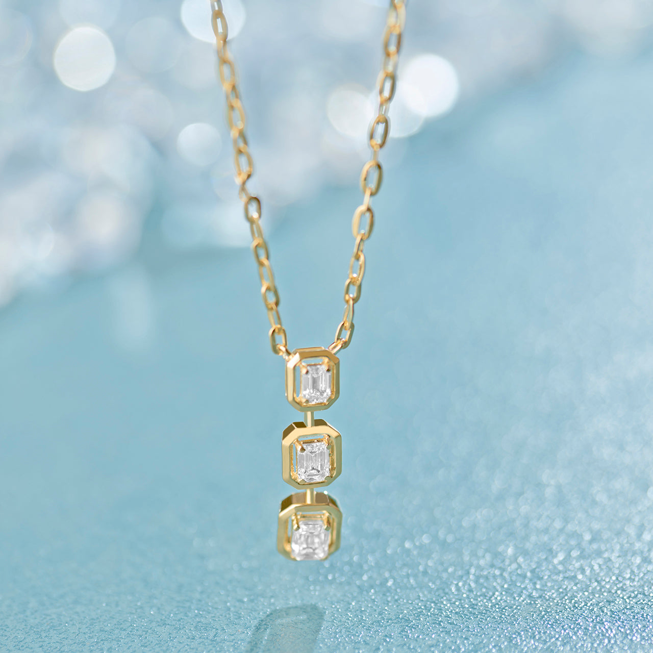 Three Stone Emerald Solitaire Necklace, 14K Gold Vermeil, 1 ct Lab Grown Diamond-1