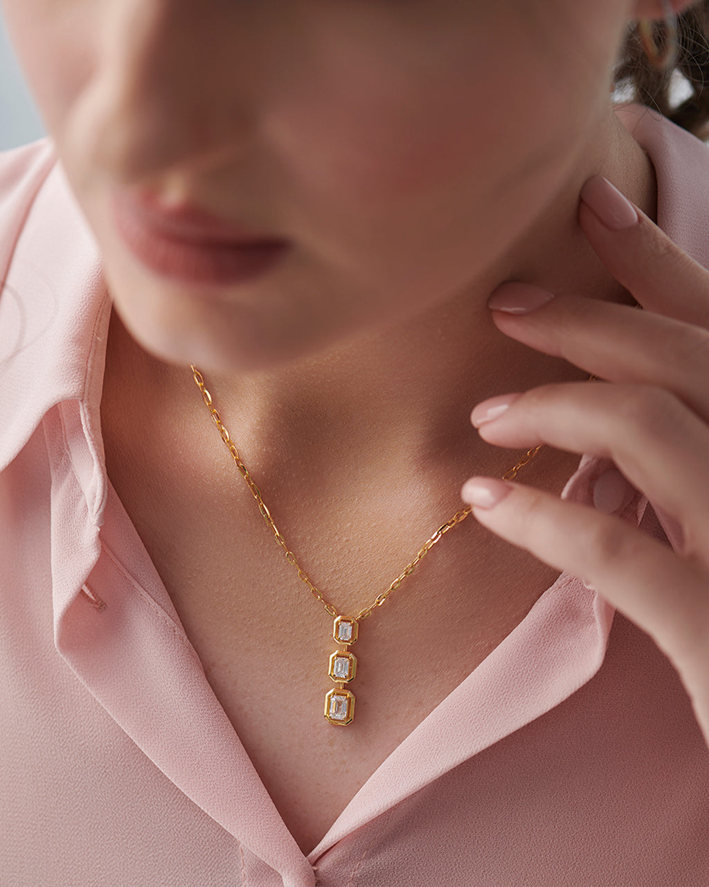 Three Stone Emerald Solitaire Necklace, 14K Gold Vermeil, 1 ct Lab Grown Diamond-5