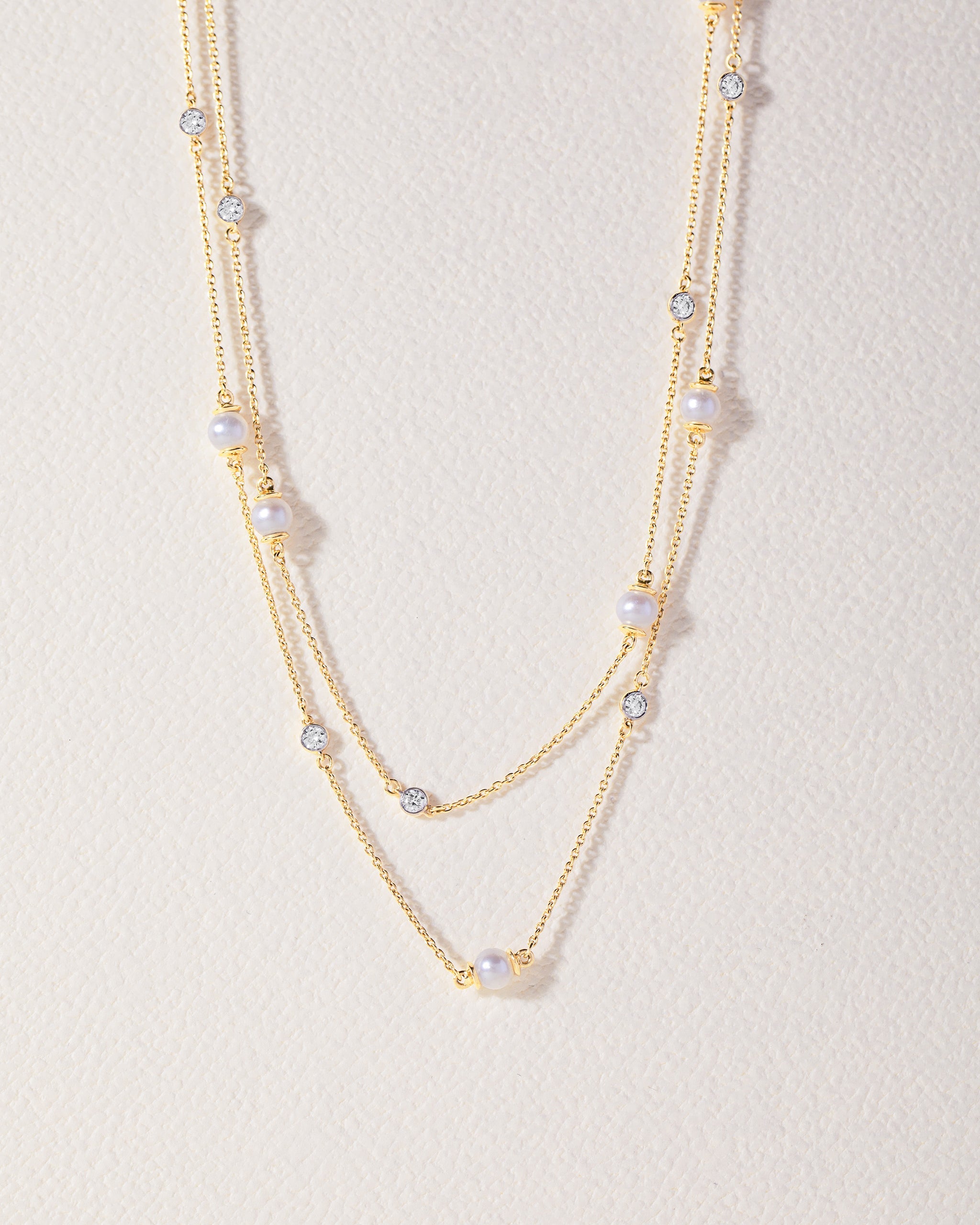 Station Pearl Diamond Long Necklace, 14K Gold Vermeil, 5/8 ct Lab Grown Diamond-3