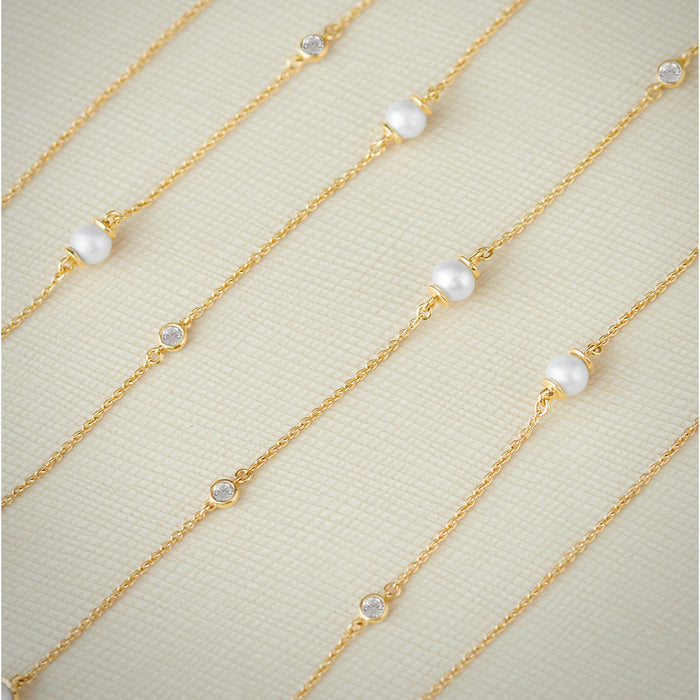 Station Pearl Diamond Long Necklace, 14K Gold Vermeil, 5/8 ct Lab Grown Diamond-1
