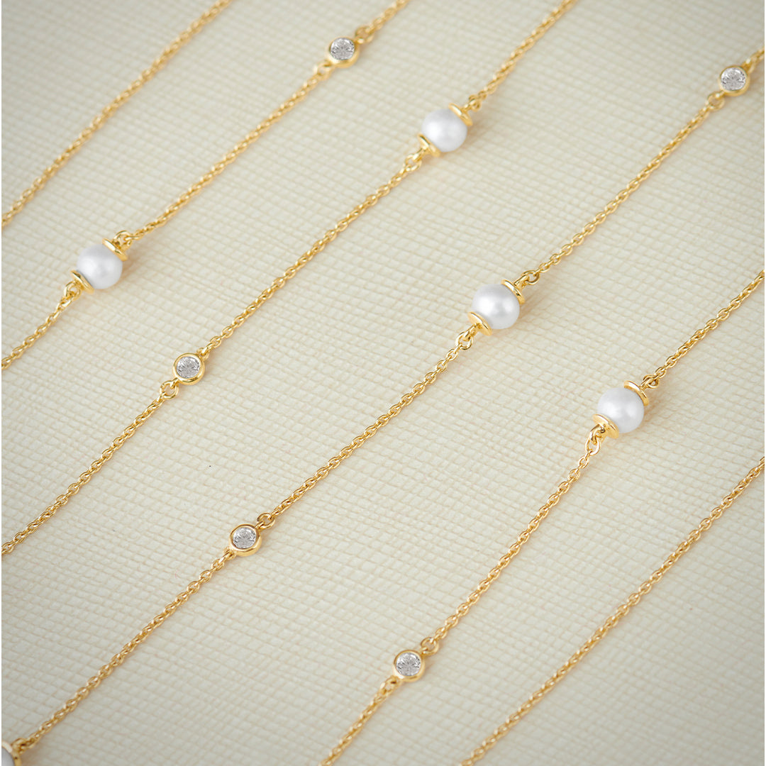 Station Pearl Diamond Long Necklace, 14K Gold Vermeil, 5/8 ct Lab Grown Diamond-1
