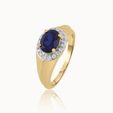 Created Blue Sapphire Signet Diamond Ring, 14K Gold Vermeil, 1/5 ct Lab Grown Diamond-3