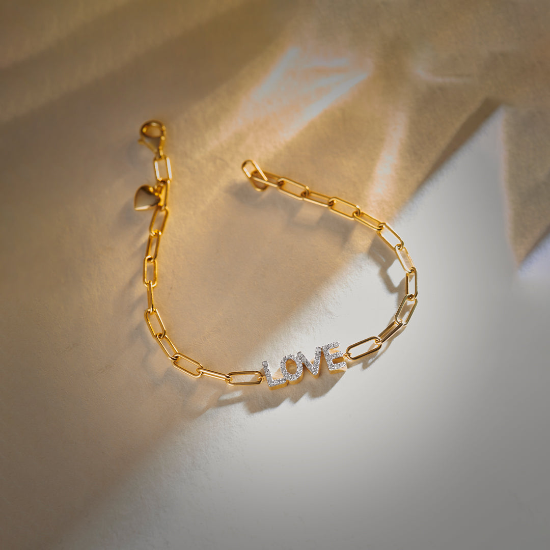 Love Diamond Paperclip Bracelet, 14K Solid Gold, 1/4 ct Lab Grown Diamond-1