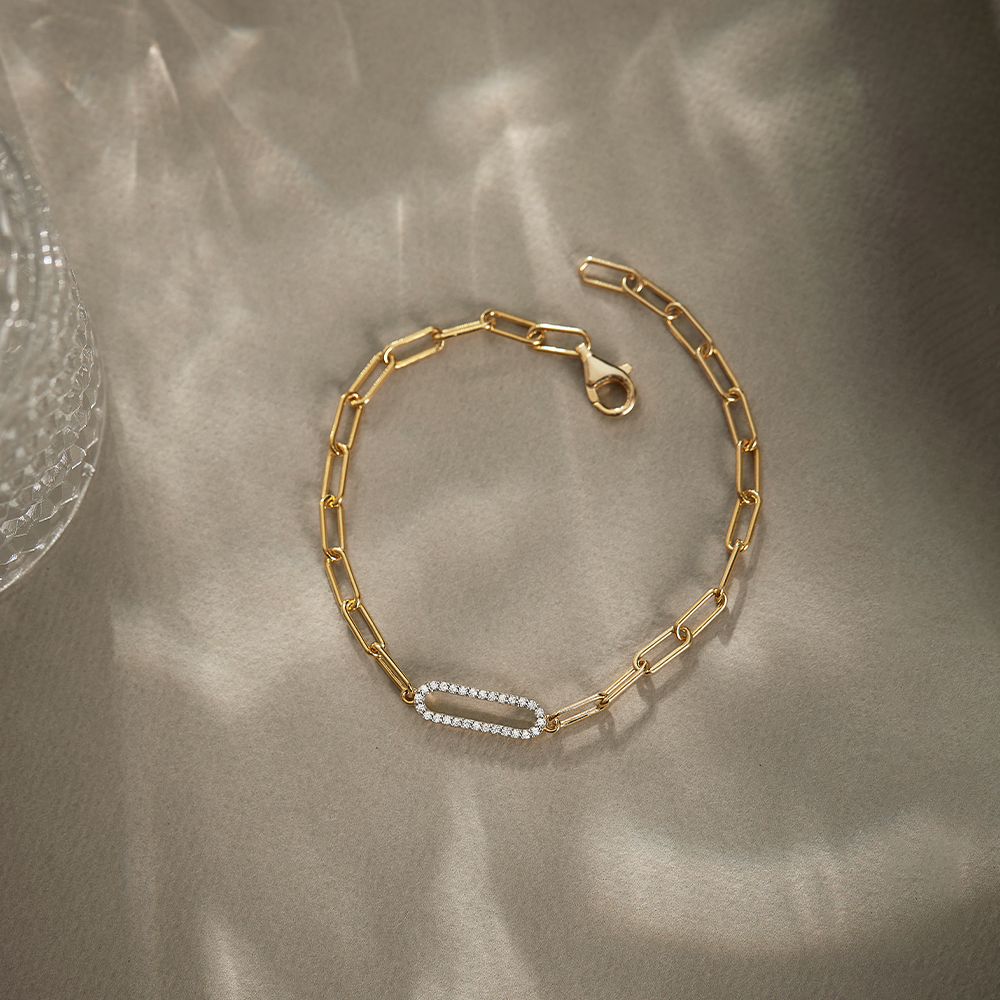 Paperclip Diamond Bracelet, 14K Solid Gold, 1/6 ct Lab Grown Diamond-1