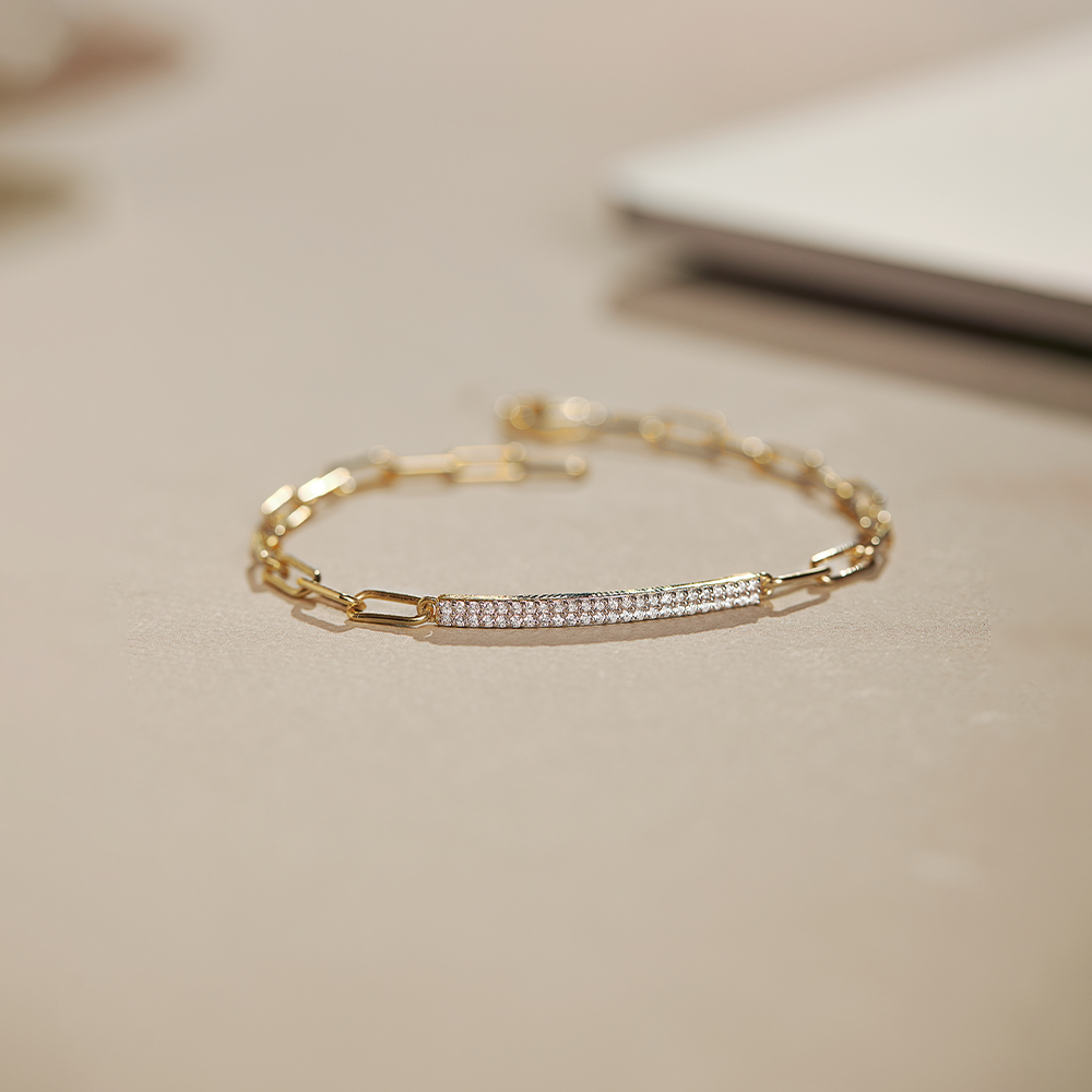 Bar Diamond Paperclip Bracelet, 14K Solid Gold, 1/3 ct Lab Grown Diamond-1