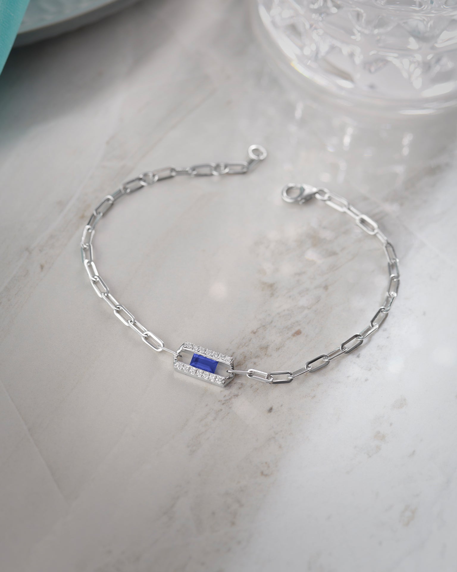 Created Sapphire Paperclip Bracelet, Sterling Silver, 1/6 ct Lab Grown Diamond-6