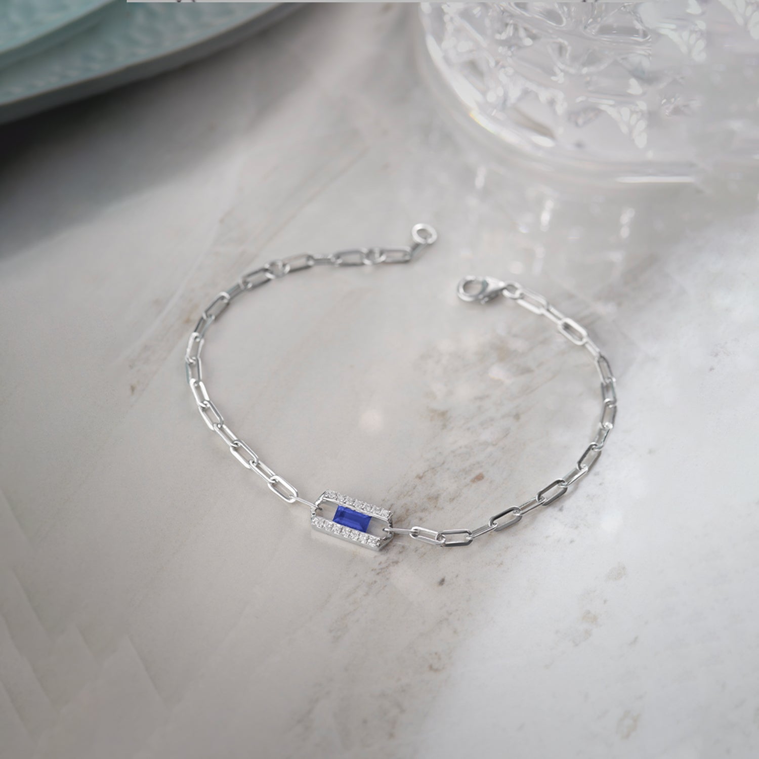 Created Sapphire Paperclip Bracelet, 14K Solid Gold, 1/6 ct Lab Grown Diamond-1