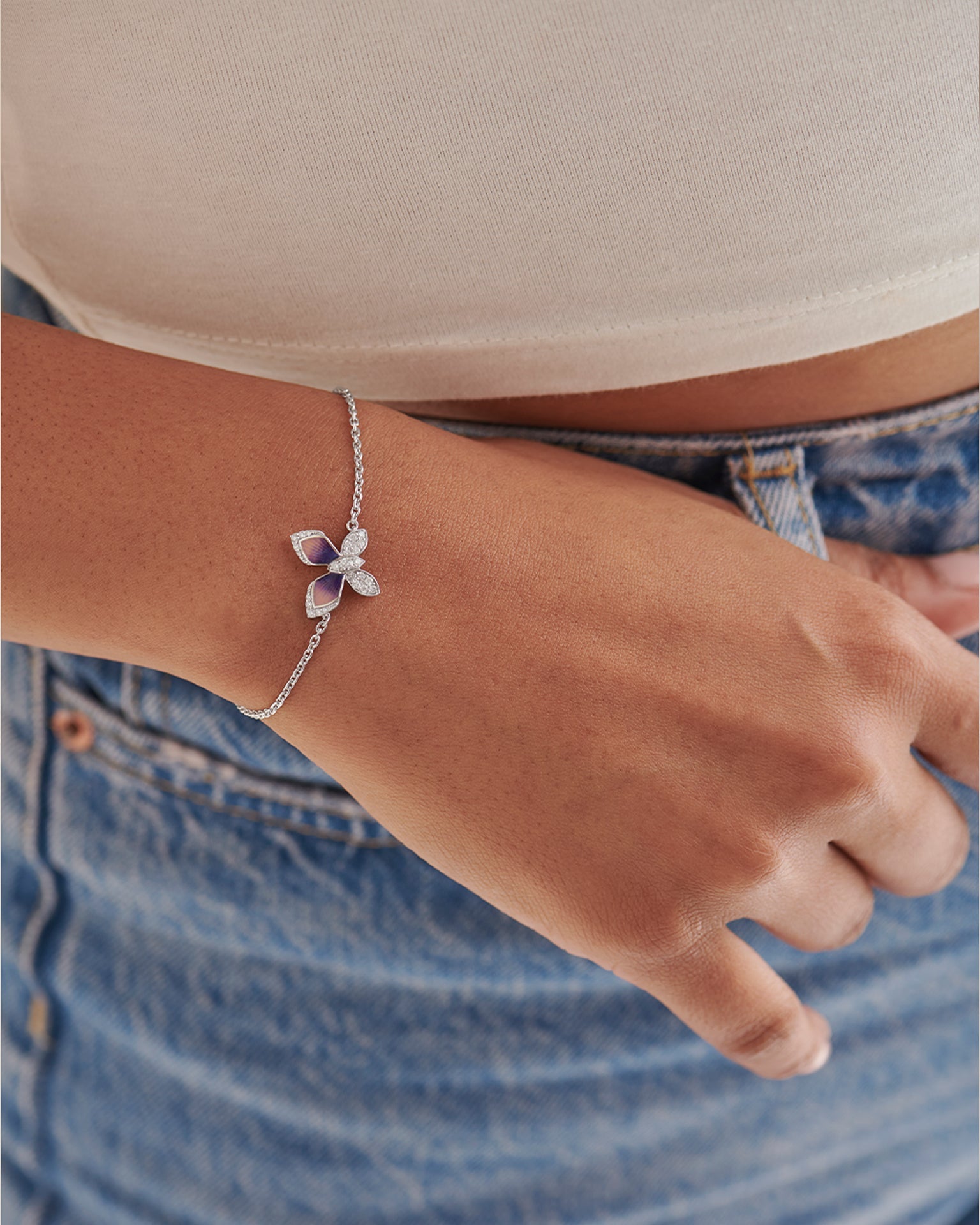 Butterfly Enamel Diamond Chain Bracelet, 14K Solid Gold, 1/5 ct Lab Grown Diamond-2