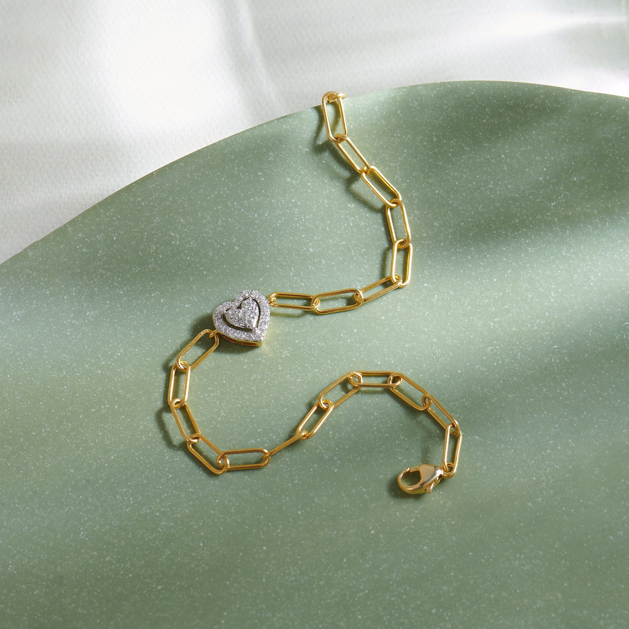 Paperclip Elegant Heart Bracelet, 14K Solid Gold, 1/5 ct Lab Grown Diamond-1