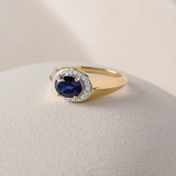 Created Blue Sapphire Signet Diamond Ring, 14K Gold Vermeil, 1/5 ct Lab Grown Diamond-5