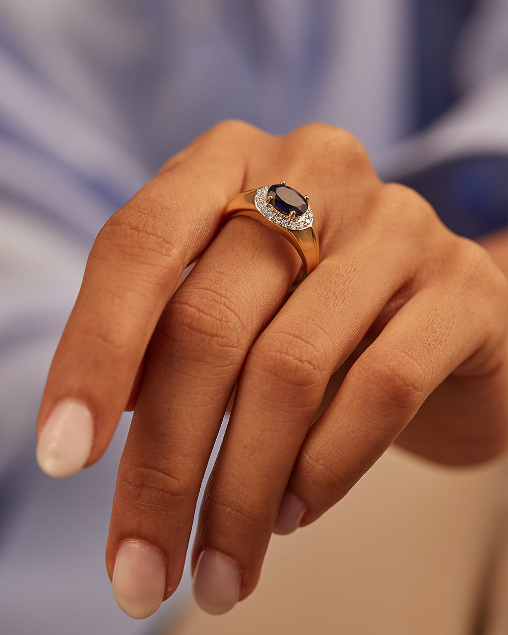Created Blue Sapphire Signet Diamond Ring, 14K Gold Vermeil, 1/5 ct Lab Grown Diamond-4