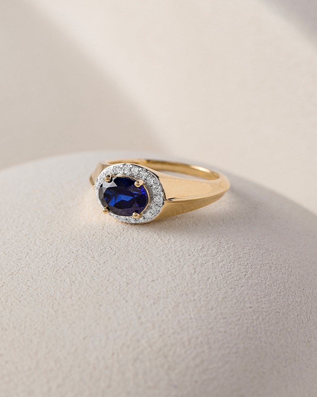 Created Blue Sapphire Signet Diamond Ring, 14K Gold Vermeil, 1/5 ct Lab Grown Diamond-5