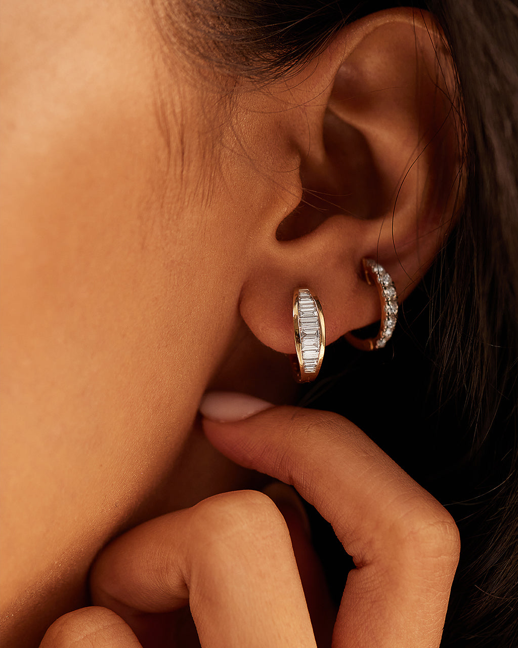 Baguette Diamond Hoops, 14K Solid Gold, 3/4 ct Lab Grown Diamond-2