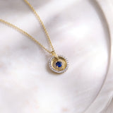 Halo Diamond and Created Sapphire Necklace
