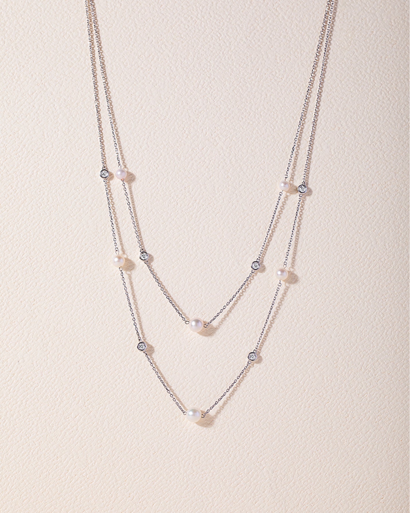 Layered Pearl Diamond Station Necklace, Sterling Silver, 1/3 ct Lab Grown Diamond-5