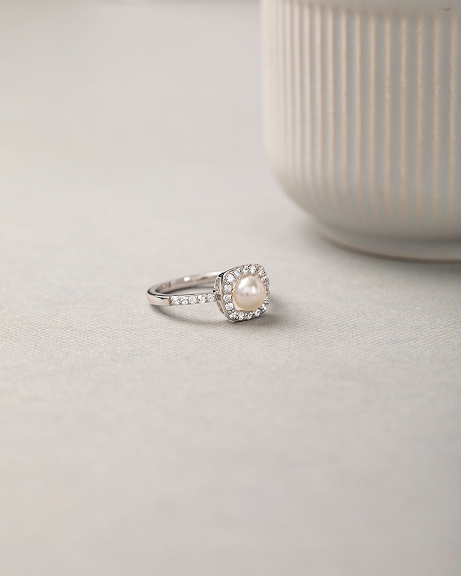Classic Cushion Pearl Diamond Ring, Sterling Silver, 1/3 ct Lab Grown Diamond-5