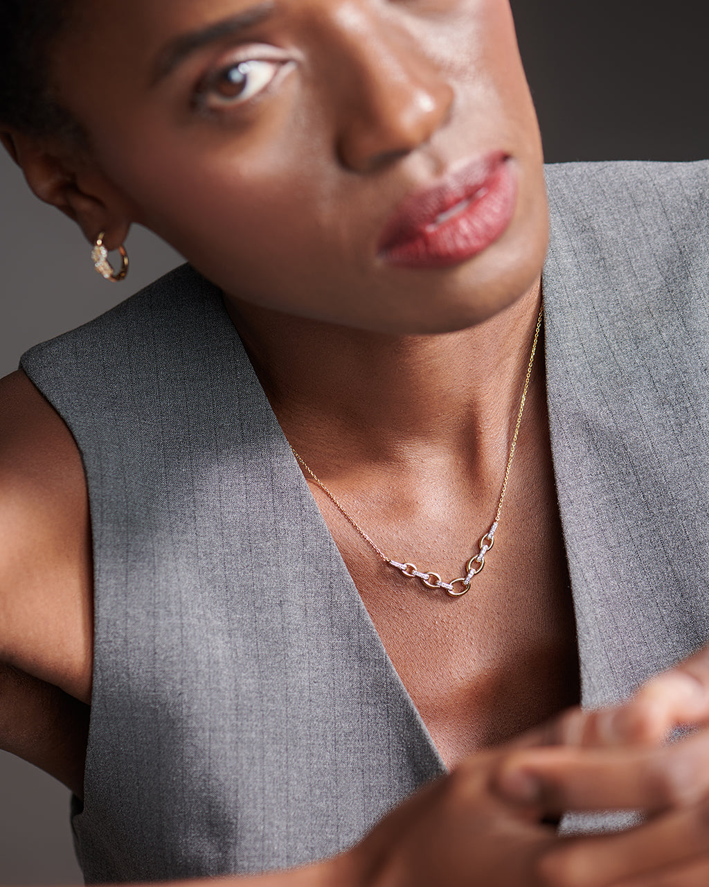 Linked Chain Diamond Bar Necklace, 14K Solid Gold, 1/6 ct Lab Grown Diamond-2