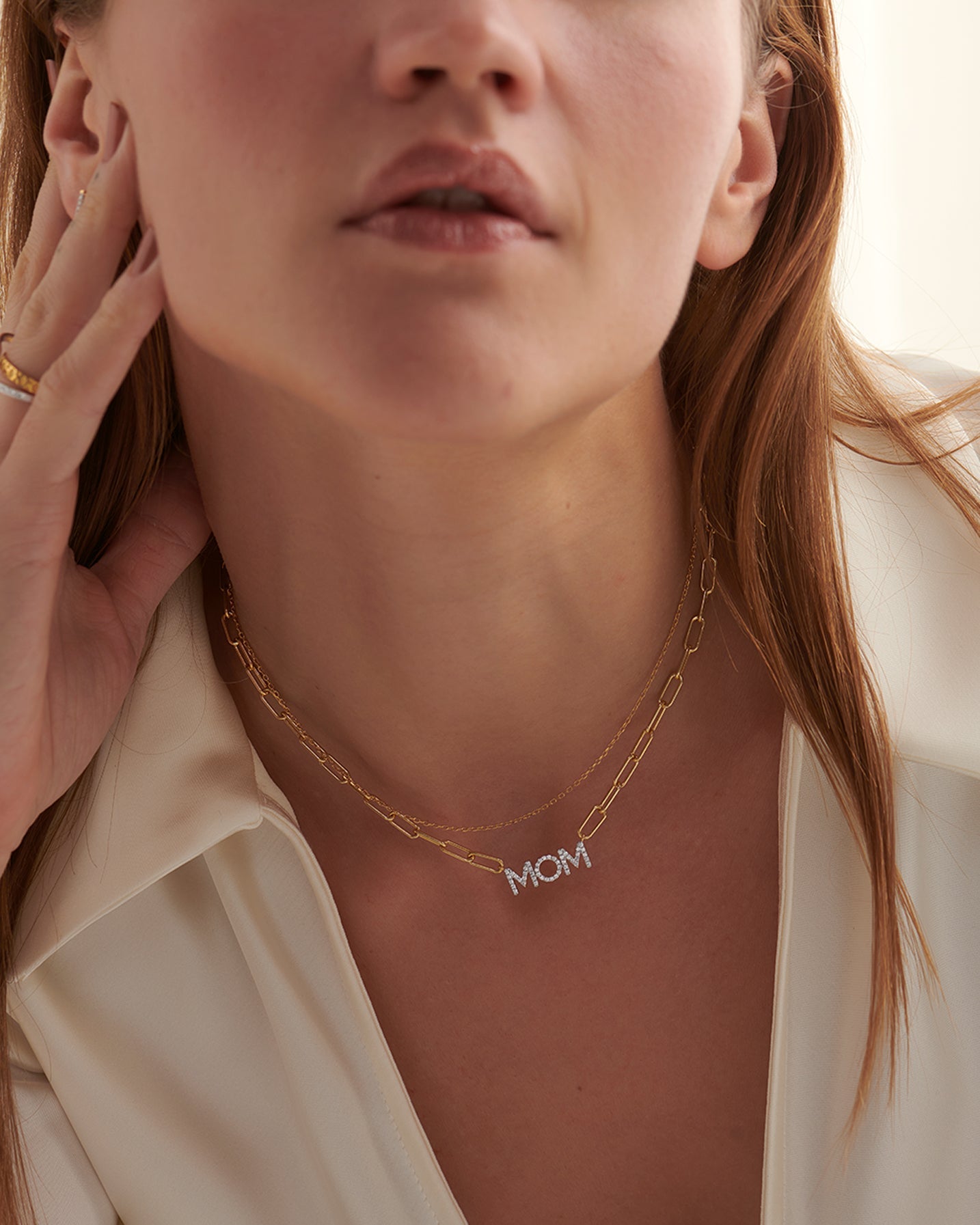 Mom Diamond Paperclip Necklace, 14K Solid Gold, 1/4 ct Lab Grown Diamond-2