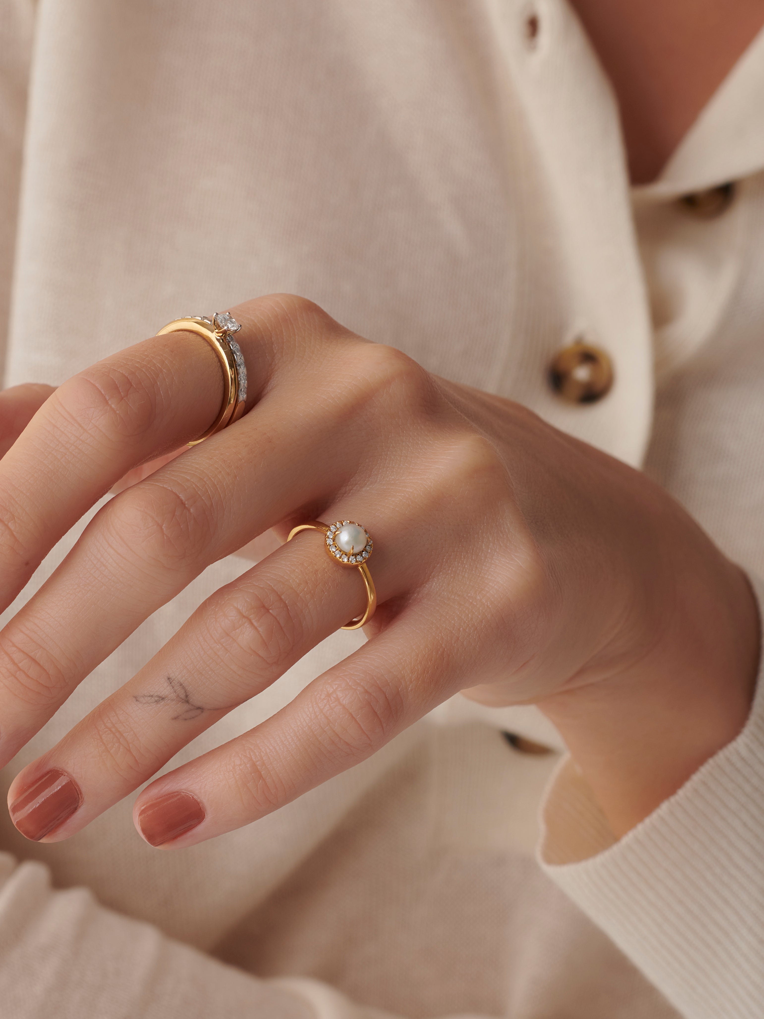 Classic Pearl Diamond Ring, 14K Solid Gold, 1/10 ct Lab Grown Diamond-4