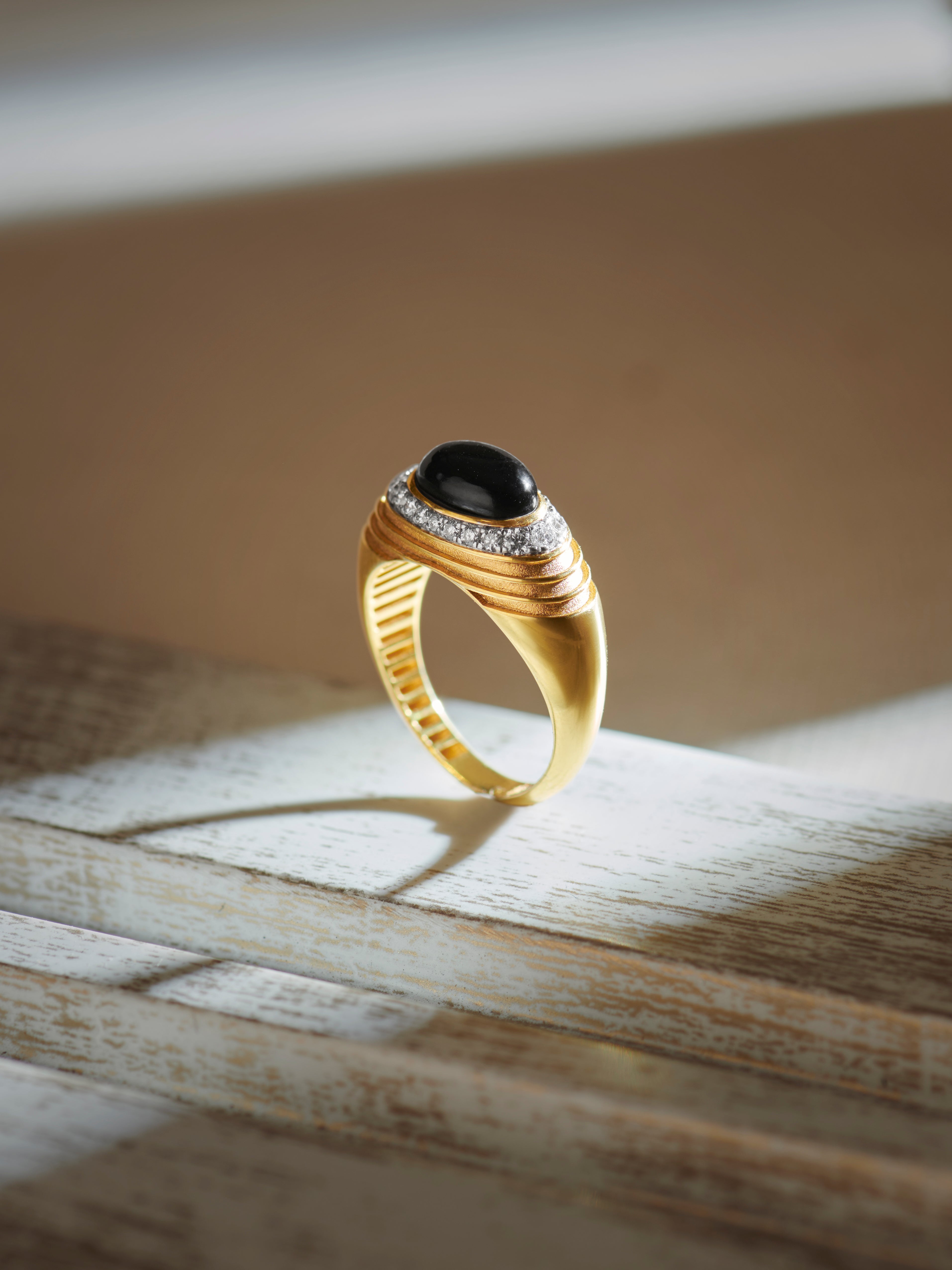 Created Black Onyx Signet Ring, 14K Gold Vermeil, 1/4 ct Lab Grown Diamond-8