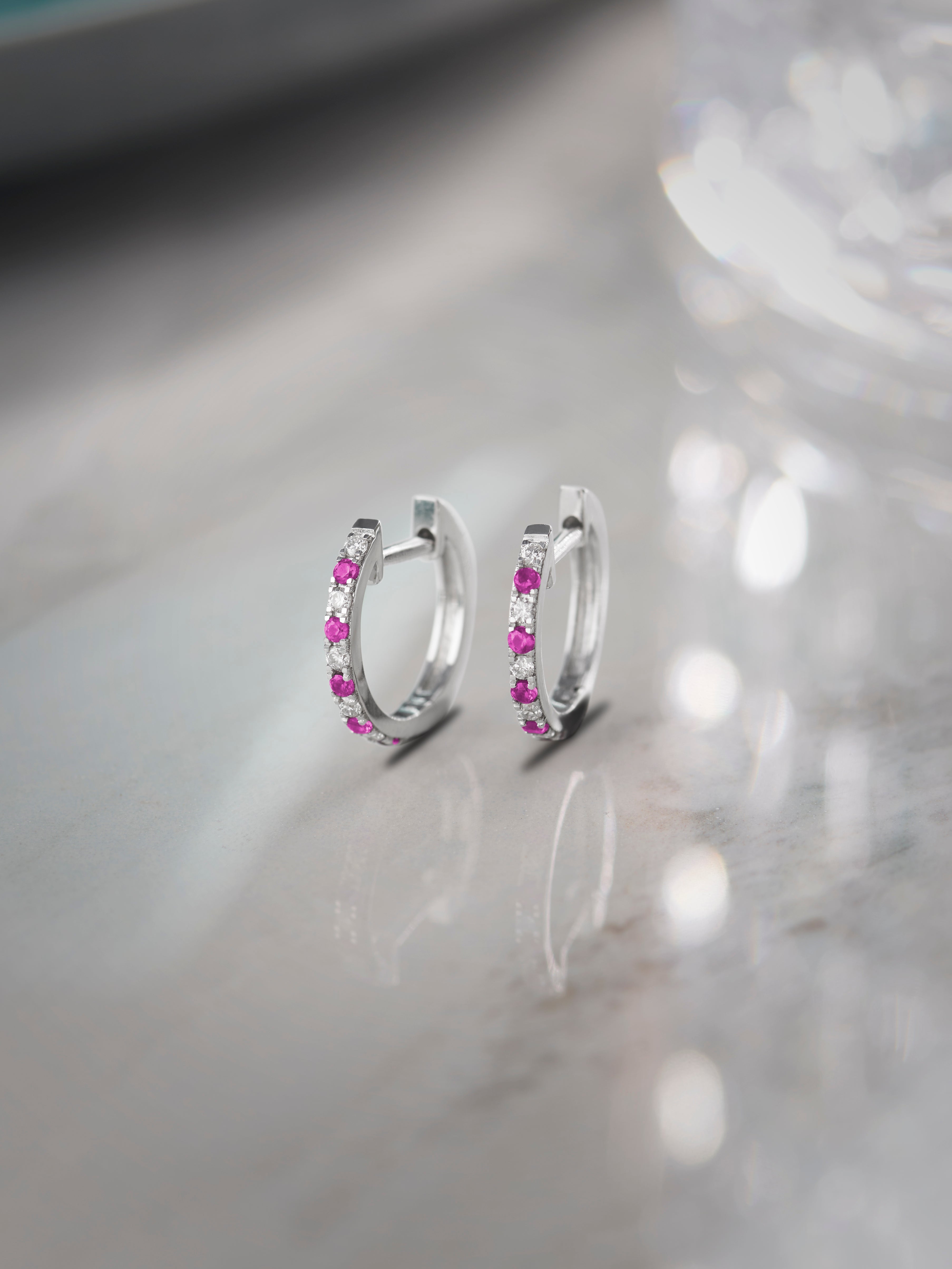 Created Ruby Diamond Hoops, Sterling Silver, 1/10 ct Lab Grown Diamond-6